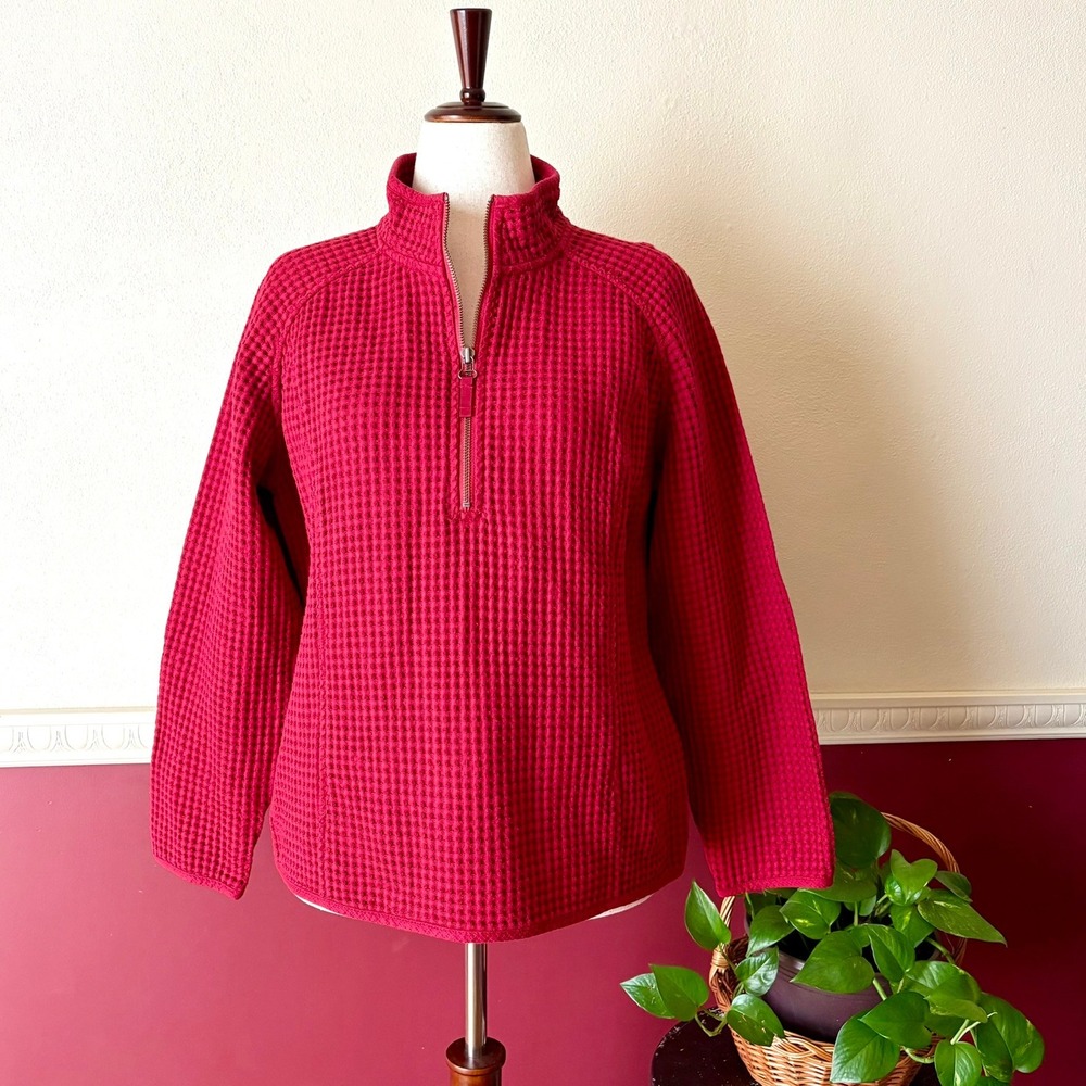 Cabela's Red Waffle Knit Quarter Zip Pullover 100% Cotton Thermal Top Women's XL
